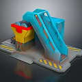 Mechanical Structure 3D Model With Blue Slide Yellow Components And Warning Striped Platform 3d model