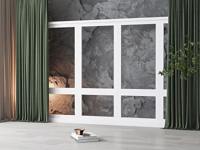 French Window With White Frame And Green Curtains Against Gray Stone Wall And Wooden Floor 3d model