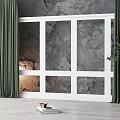 French Window With White Frame And Green Curtains Against Gray Stone Wall And Wooden Floor