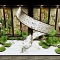 Ink Painting Style Art Installation With Scroll Lotus And Decorative Screens