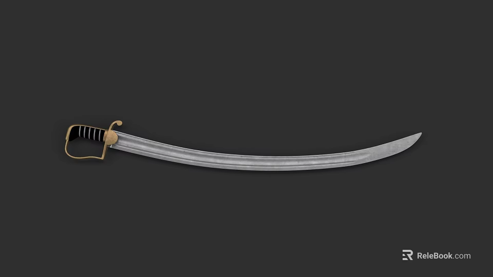 Detailed Historical Saber With Silver Curved Blade Golden Hilt And Black Handle On Dark Background 3d model 