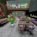 Modern Cafe Interior With Green Walls Orange Accents Long Tables Sofa Seating And Hanging Lights