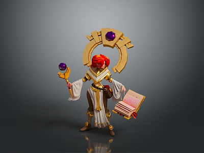 Woman With Red Hair White Gold Outfit Golden Headdress Purple Gem Staff And Open Book 3d model