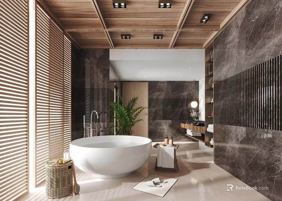Modern Bathroom Interior With White Bathtub Wooden Ceiling And Marble Walls 3d model 