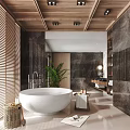 Modern Bathroom Interior With White Bathtub Wooden Ceiling And Marble Walls
