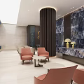 Hotel Lobby With Blue Wavy Ceiling Beige Walls And Modern Seating Furniture