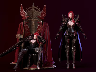 Fantasy Red Haired Female Warrior Characters In Black Armor With Throne And Red Cape 3d model