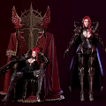 Fantasy Red Haired Female Warrior Characters In Black Armor With Throne And Red Cape