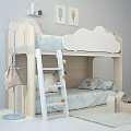 Wooden Bunk Bed For Kids Room With Cloud Shaped Headboard Ladder And Colorful Pillows