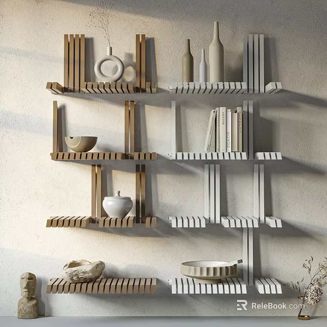 Modern Interior Wall Cabinets With Wooden Shelves Decorative Bowls And Vases 3d model 