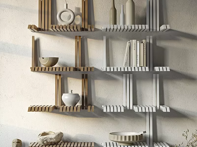 Modern Interior Wall Cabinets With Wooden Shelves Decorative Bowls And Vases 3d model