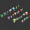 Colorful Cartoon Trees With Different Shapes And 3D Models Arranged in Scene