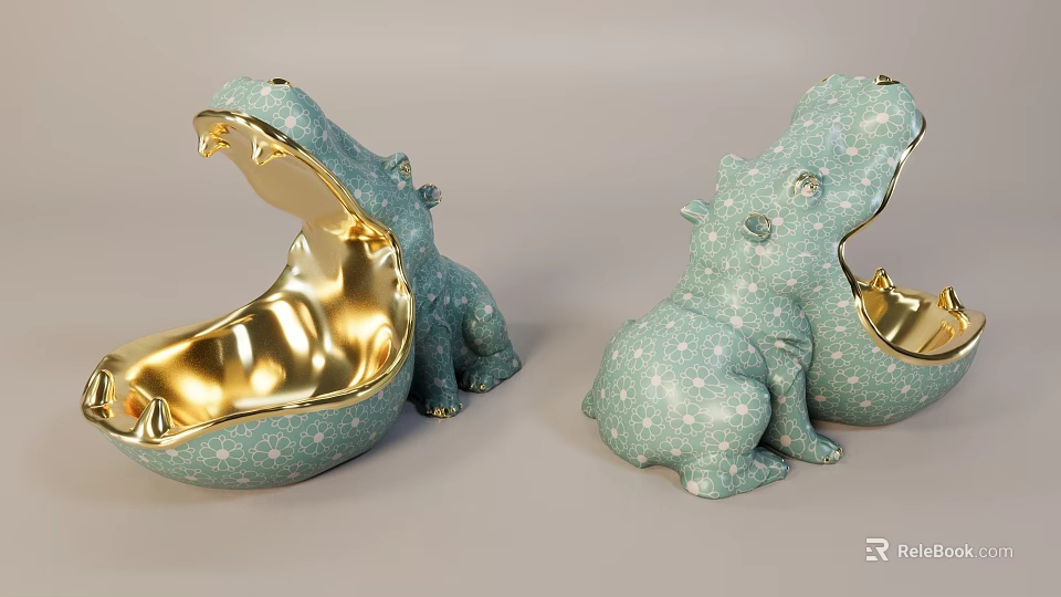 Green Hippo Shaped Decorative Ornament Set With White Star Pattern And Golden Interior 3d model 