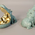 Green Hippo Shaped Decorative Ornament Set With White Star Pattern And Golden Interior