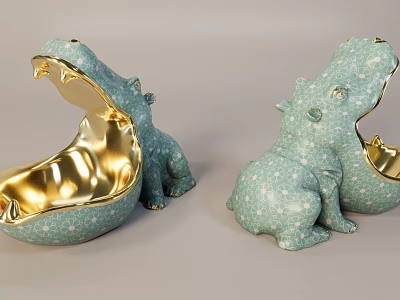 Green Hippo Shaped Decorative Ornament Set With White Star Pattern And Golden Interior 3d model