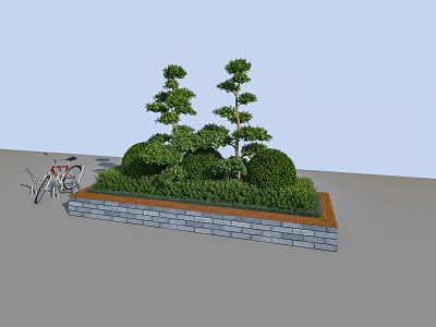 Roadside Landscaping Facility with Trimmed Shrubs Trees and Stone Brick Base Near Bicycle Parking Area 3d model