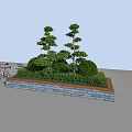 Roadside Landscaping Facility with Trimmed Shrubs Trees and Stone Brick Base Near Bicycle Parking Area