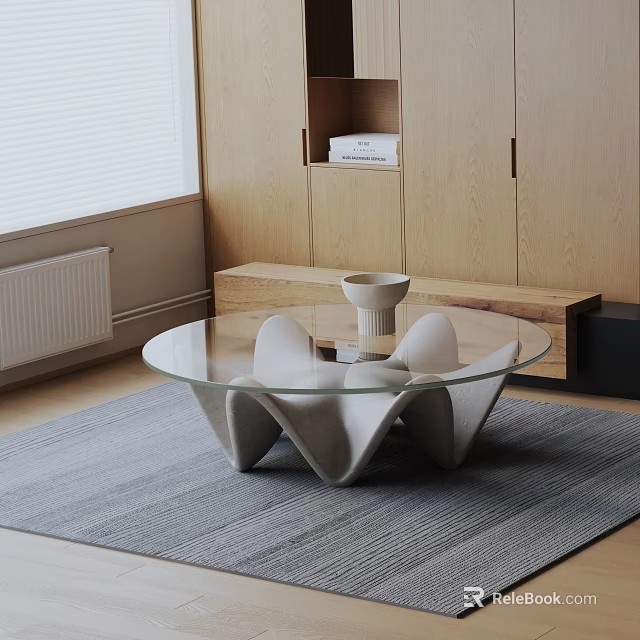 Modern Coffee Table With Glass Top And White Unique Base On Gray Rug 3d model 