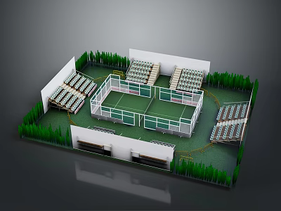 Modern Sports Stadium With Green Pitch White Stepped Stands And Surrounding Trees 3d model