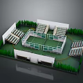 Modern Sports Stadium With Green Pitch White Stepped Stands And Surrounding Trees