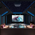 Home Theater Room With Starry Ceiling Large Projection Screen Comfortable Sofas And Blue Ambient Lighting 3d model