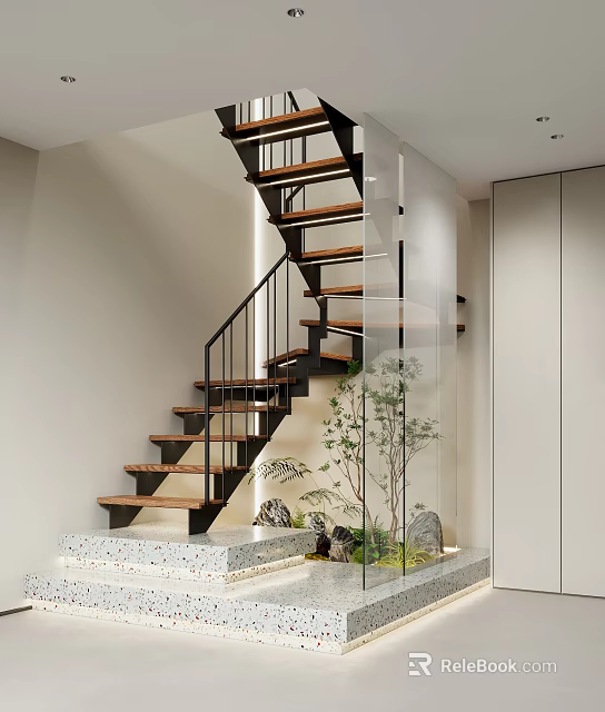 Modern Staircase With Wooden Steps Black Metal Railing Glass Balustrade Green Plant Stones And Lighting 3d model 