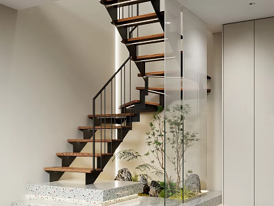Modern Staircase With Wooden Steps Black Metal Railing Glass Balustrade Green Plant Stones And Lighting 3d model