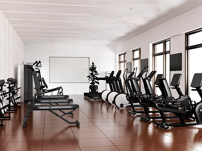 Well Equipped Modern Gym With Treadmills Ellipticals Weight Benches Brown Tiled Floor And Large Windows 3d model