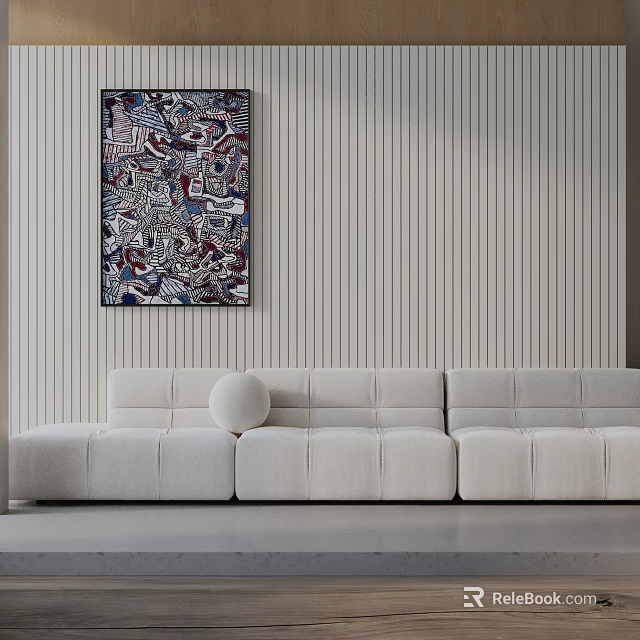 White Three Seater Sofa In Modern Living Room With Vertical Striped Wall And Abstract Painting 3d model 