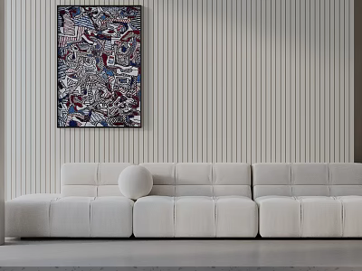 White Three Seater Sofa In Modern Living Room With Vertical Striped Wall And Abstract Painting 3d model