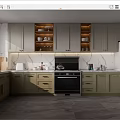 Modern Kitchen Interior With Gray Cabinets Marble Countertops Black Stove And White Refrigerator