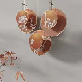 Stylish Circular Chandelier With Orange Shade Floral Patterns Gold Frame And Red Leaf Branch
