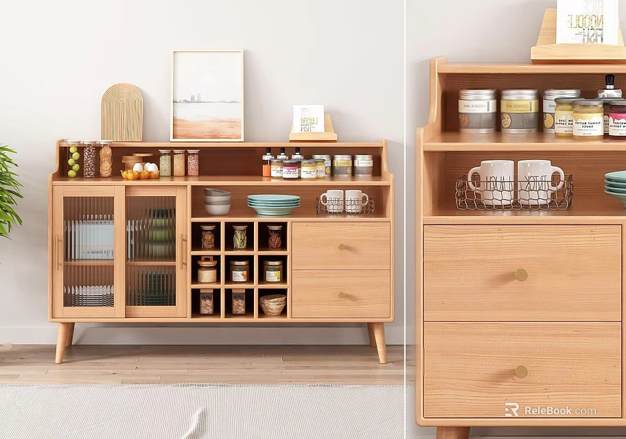 Natural Wooden Sideboard With Storage Compartments Drawers And Kitchen Jars Mugs Plates 3d model 