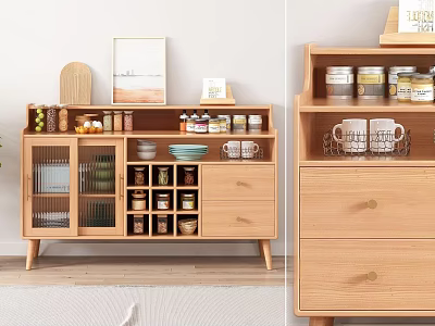 Natural Wooden Sideboard With Storage Compartments Drawers And Kitchen Jars Mugs Plates 3d model