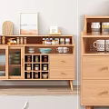 Natural Wooden Sideboard With Storage Compartments Drawers And Kitchen Jars Mugs Plates