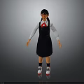 Asian Child In School Uniform With White Shirt Blue Pinafore Red Bow Tie And Sneakers