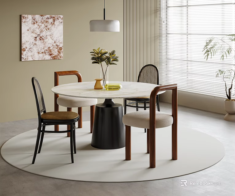 Round Marble Top Dining Table Set With Black Base And Four Different Style Chairs 3d model 