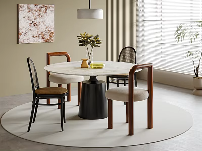 Round Marble Top Dining Table Set With Black Base And Four Different Style Chairs 3d model