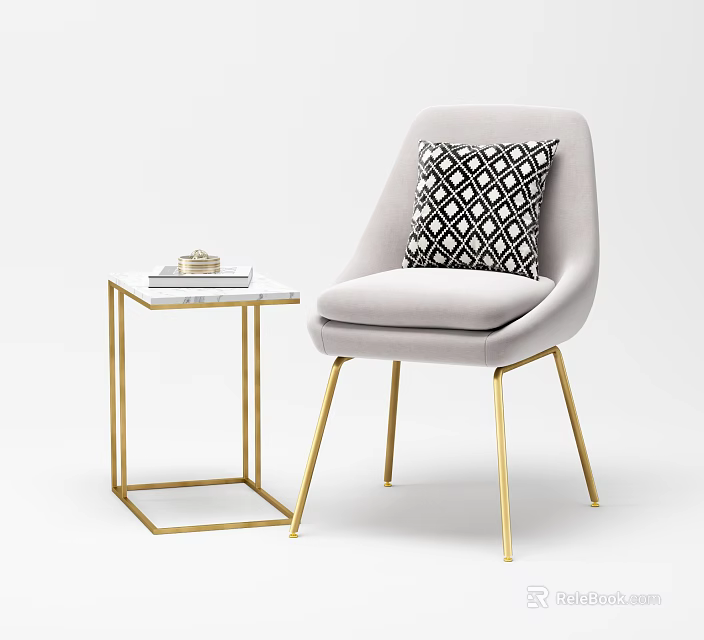 Light Gray Single Sofa With Golden Legs Black White Geometric Pillow And Marble Side Table 3d model 
