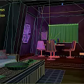 Cartoon Themed Purple Interior Scene With Sofa Dining Chairs Geometric Decor And Colorful Lighting