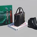 Decorative Accessories Display Set with Books Handbag and Boots on Blue Round Display Stand