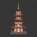 Traditional Japanese Pagoda Featuring Multi Floors Red Framework Black Roofs Golden Top Balconies Gray Platform