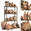 Ceramic Vessels with Various Handcrafted Designs Displayed on Wooden Shelf Including Teapots and Jars