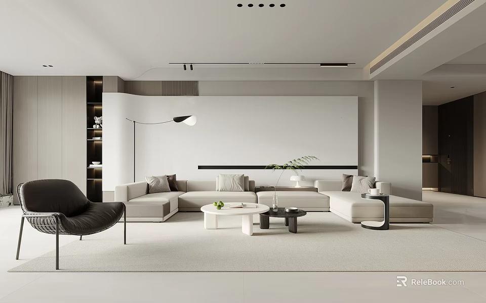 Modern Living Room Interior Design With Beige Sofa Black Chair And Coffee Table 3d model 