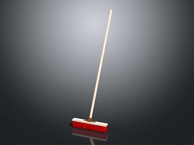 Red Bristle Broom With Wooden Handle On Gray Surface With Reflection 3d model