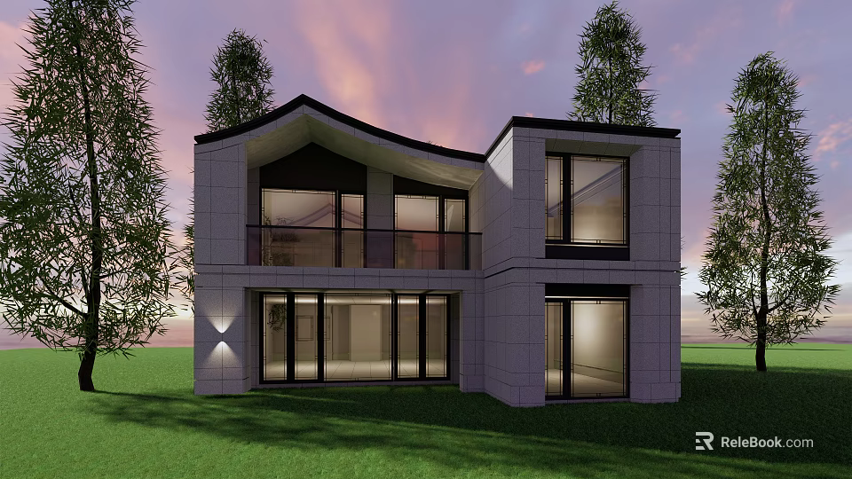 Modern Detached House Exterior With Large Windows Green Lawn And Trees 3d model 