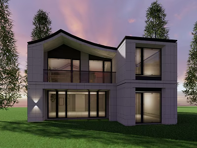 Modern Detached House Exterior With Large Windows Green Lawn And Trees 3d model