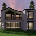 Modern Detached House Exterior With Large Windows Green Lawn And Trees