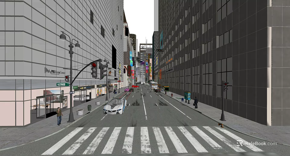 Urban Commercial Street With Tall Buildings Pedestrians Vehicles Traffic Lights And Street Lamps 3d model 