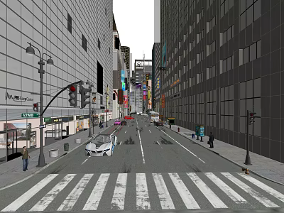 Urban Commercial Street With Tall Buildings Pedestrians Vehicles Traffic Lights And Street Lamps 3d model